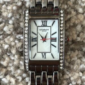 Liz Claiborne Tank Style Ladies Silver Black Tone Quartz Watch Crystal Accents